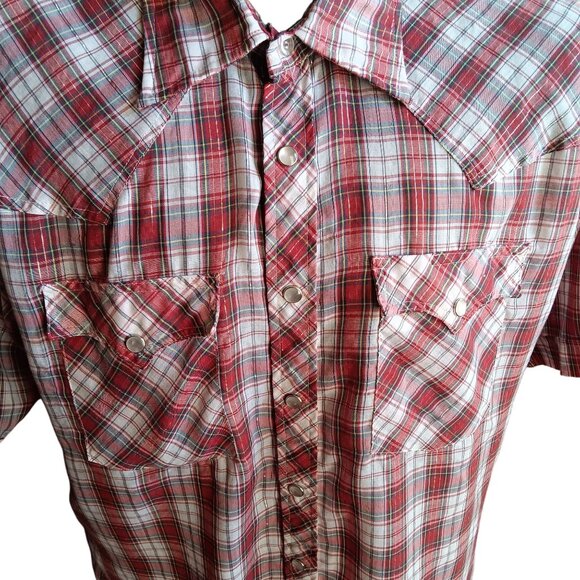 Vintage Men's Western Shirt Large 1980's Shiny Thread Red Plaid Buttery Thin Lg - Picture 1 of 8